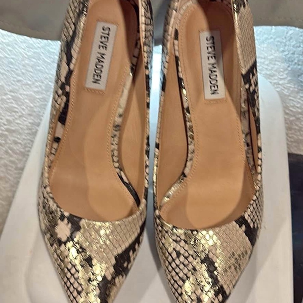 Steve Madden Metallic Gold and Black Snake Print Heels